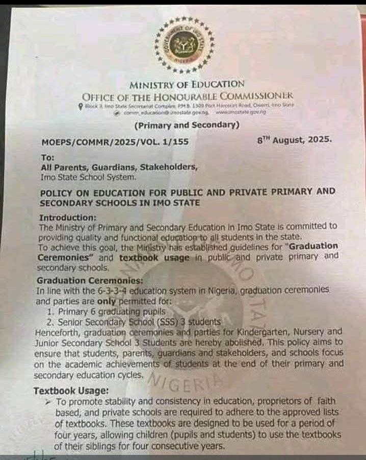tophumble's tweet photo. Imo State Min of Edu has bann£d graduation ceremonies for nursery schpupils.
Also, textbooks are now to be used by pupils &amp; their siblings for four consecutive yrs.
Me: The administrators of the min of edu, in other States should also tow this line because Parent are Choked https://t.co/uyCeIx1XE6