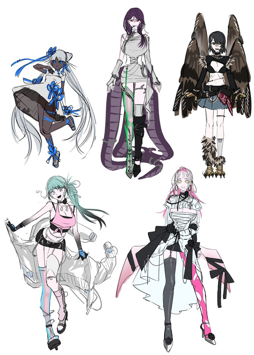 HprPo's tweet image. #織本の創作 
本に載せる為にキャラデザ並べました💁‍♀️