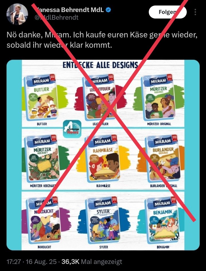Anonymous00708's tweet image. EKELHAFTER RASSISMUS ‼️
AfD-Behrendt ist zu feige es auszusprechen,aber jedem ist klar das sie  Rassismus propagiert!
Wir bitten alle Journalisten darüber zu berichten! #Käse #Milram #Rassistin @jeanbaeck
@LarsWienand @AnnLei1 @akm0803 @journalix73 @FreSchindler @berlinreportage
