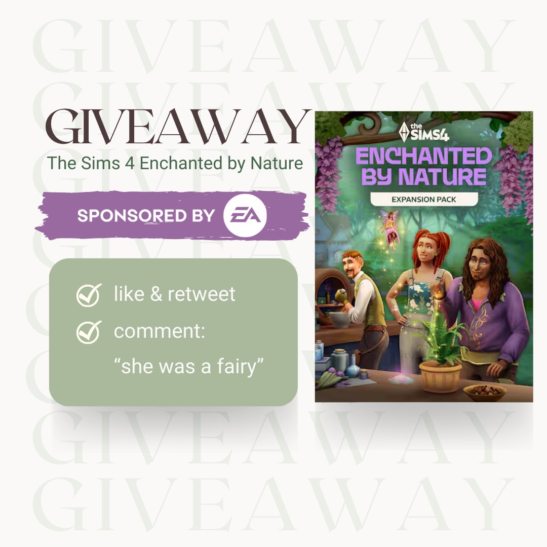 efalaus's tweet image. ✨SPONSORED GIVEAWAY✨

Free EA code (PC) for The Sims 4 Enchanted by Nature Expansion Pack!🦋

To Enter:
- Like
- Retweet
- Comment &quot;she was a fairy&quot;

The winner will be announced on August 28th, 9PM CET 💜

Thank you EA for sponsoring this giveaway!
#Sponsored #EA #TheSims4 #Ad