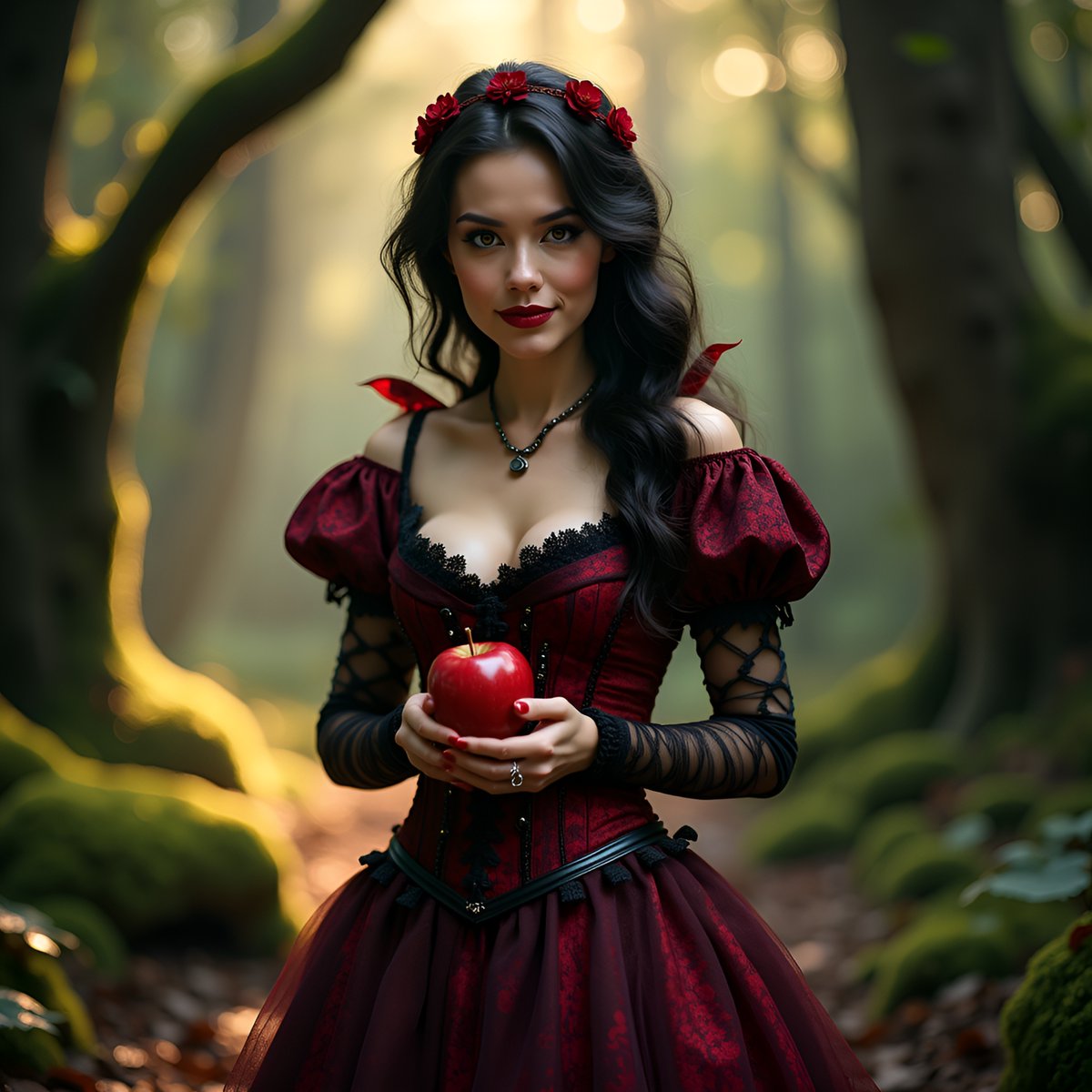 PromptSin's tweet image. Embrace your dark fairy tale. Own the magic. ✨🍎 #GothicElegance #FairyTaleVibes