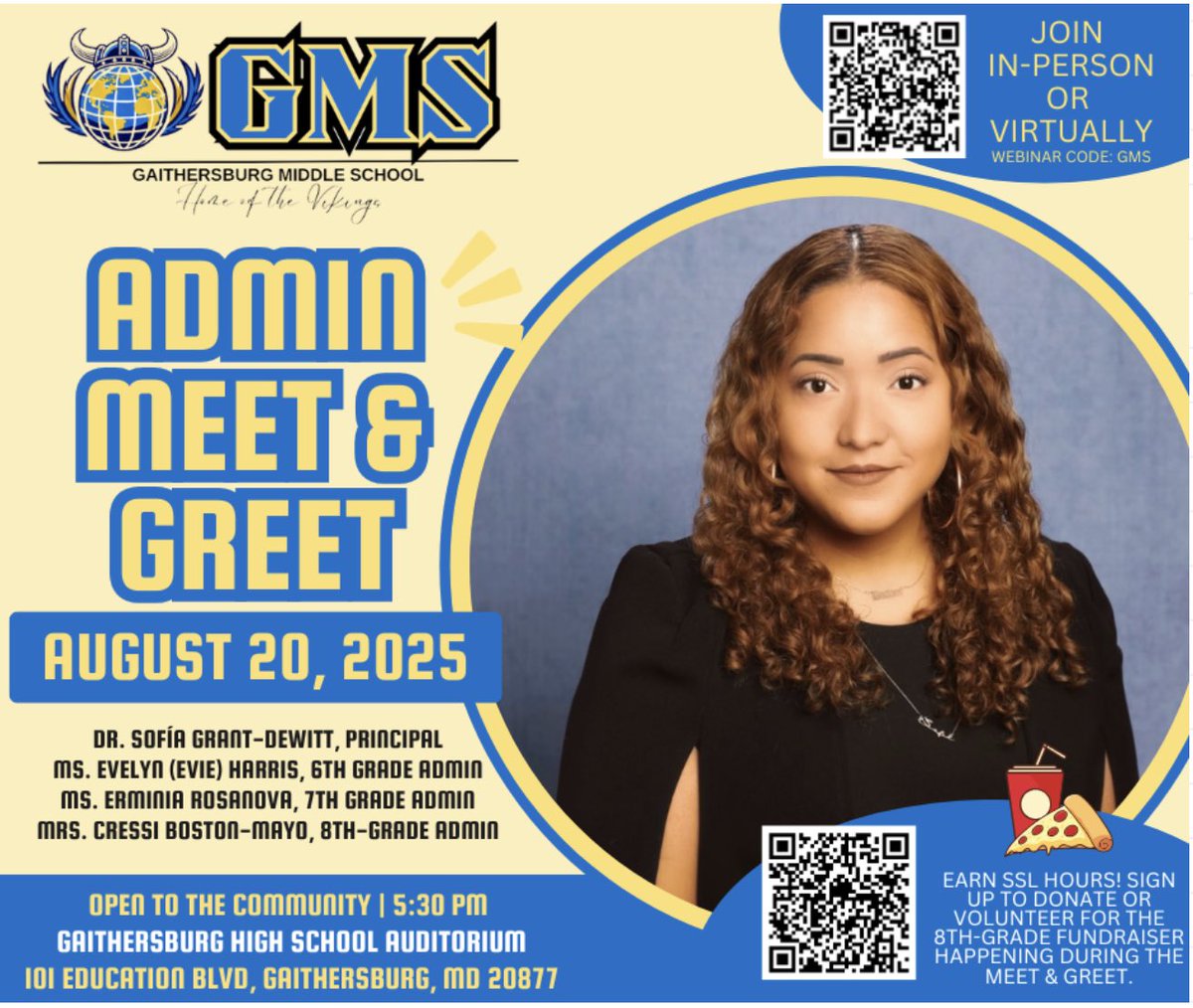 ⚓💛💙 Join us for the GMS Admin Meet &amp; Greet!

📅 Aug 20, 2025 | 5:30 PM
📍 Gaithersburg HS Auditorium (101 Education Blvd)
👩‍💼 Meet Dr. Grant-Dewitt &amp; the GMS Admin Team
🍕 Fundraiser + SSL hours available!

Open to the community – in person or virtual! #WeAreGMS