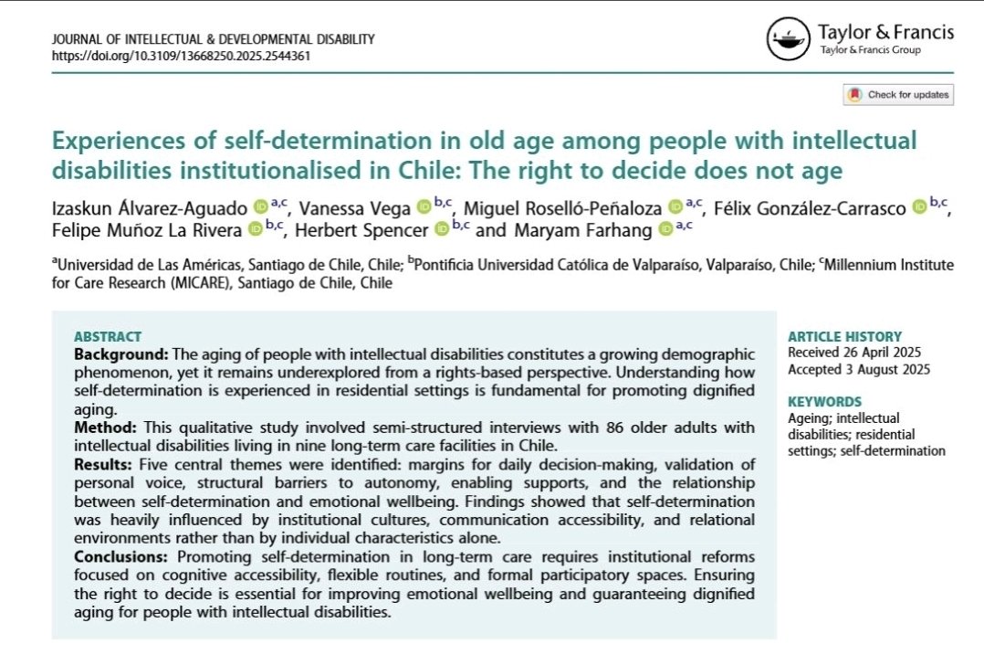 En este #paper recogemos voces de #personas #mayores con #discapacidad #intelectual institucionalizadas. No son simples relatos: son recordatorios de que el derecho a #decidir no se jubila, no caduca ni con la edad ni con un diagnóstico.
👉 Pasen y lean: researchgate.net/publication/39…