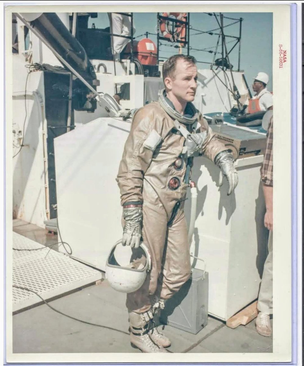 27 OCT 1966: Edward H. White II, senior pilot of the first manned Apollo space flight, Apollo/Saturn Mission 204, relaxes aboard the NASA Motor Vessel Retriever during water egress training activity in the Gulf of Mexico.