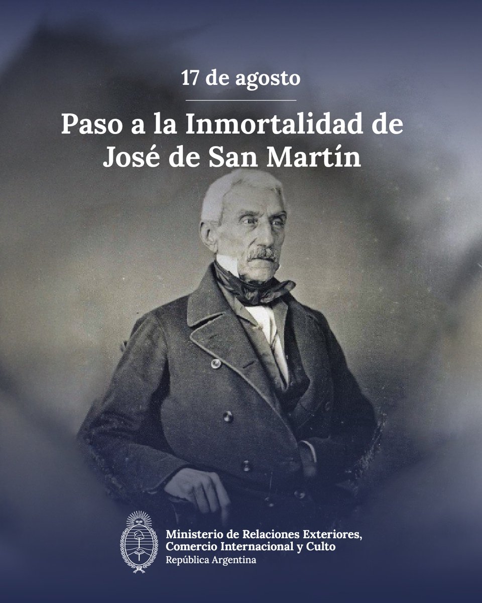 Con motivo de un nuevo aniversario del Paso a la Inmortalidad del General José de San Martín, desde Cancillería rendimos homenaje a su vida y legado a través de este retrato.

En la imagen se aprecia el primer daguerrotipo del prócer, conocido como la "toma napoleónica", que