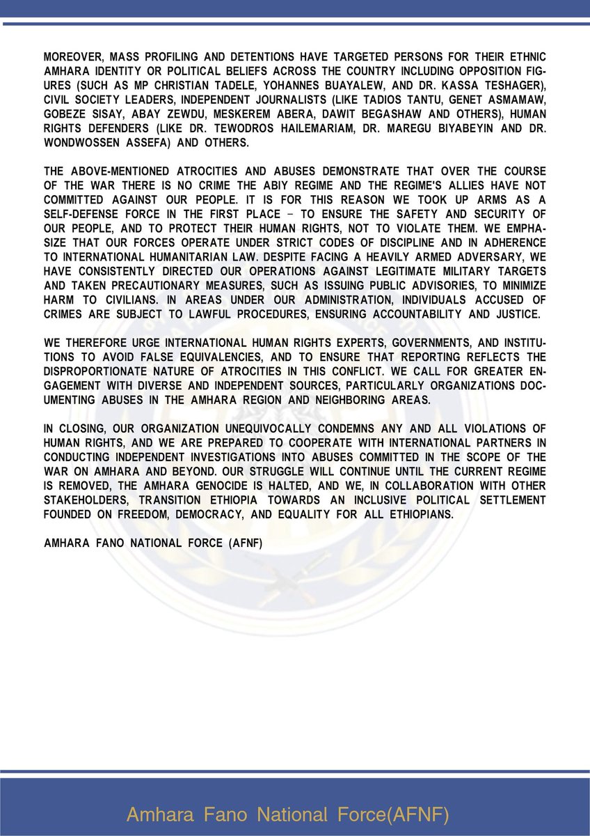 Press statement from the Amhara Fano National Force (AFNF)

Response to the United States Department of State Bureau of Democracy, Human Rights, and Labor 2024 Country Reports on Human Rights Practices: Ethiopia

August 17, 2025 (Nehase 11, 2017 E.C.)