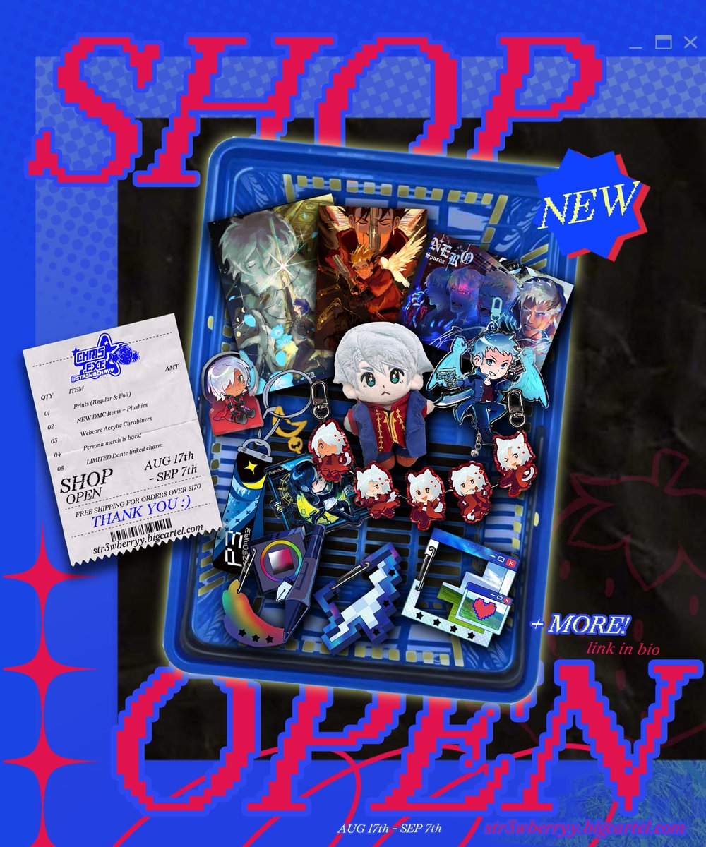 [RTs ⭐️ appreciated]

⋆ ˚｡⋆🍓 SH0P IS NOW OPEN! 🍓⋆ ˚｡⋆

A wide range of DMC, Persona, Trigun (+ more!) merch line is now available!

💌 Period: 8/17-9/7
🔗link in b1o