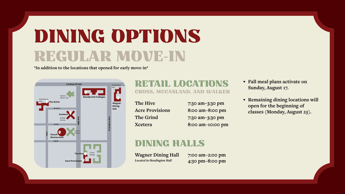 📣ATTENTION STUDENTS📣 Your meal plan activates today! 🍔 Check out these dining options available to you! 💸🍕