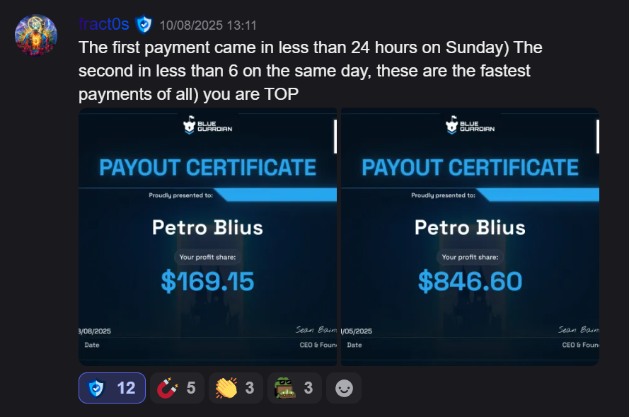 If it's not Blue Guardian, it's not the best

Speed means Blue Guardian

One tick, two ticks, payout landed

24 hour guarantee intact