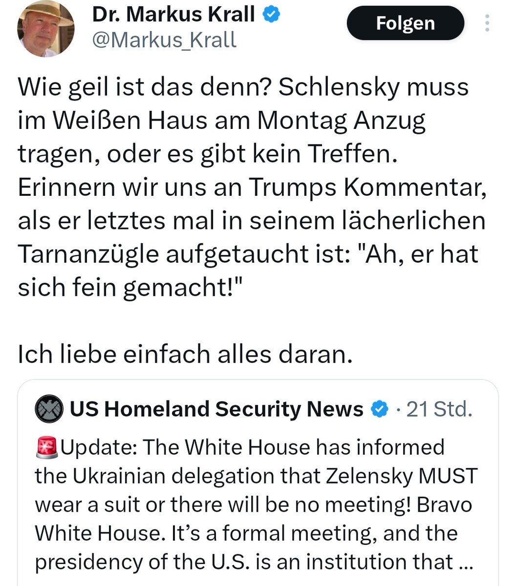 Krall feiert sich, weil  Präsident Selenskyj einen Anzug tragen muss.  
Wenn das die intellektuelle Flughöhe ist, fliegt Krall nicht mal unter dem Radar, er kriecht drunter durch.  

Während ein Land um seine Existenz kämpft, kommentiert er den Dresscode wie ein verbitterter