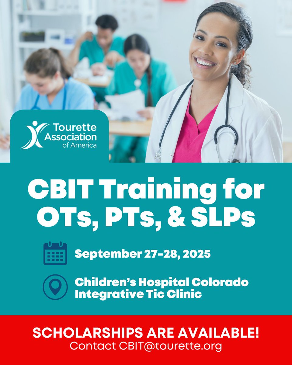 TouretteAssn's tweet image. Scholarships are available for our upcoming #CBIT Training for Occupational Therapists, Physical Therapists, and Speech Language Pathologists! Offering CBIT as a treatment expands your patient base.
🔗 Learn more: bit.ly/4lNDlEA
#OT #SLP #PT #TouretteSyndrome