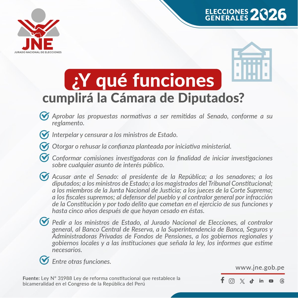 JNE Perú (@jne_peru) on Twitter photo 🗳️Rumbo a las Elecciones Generales #EG2026
📣#JNEteCuenta ¿Cómo será la elección de los 130 diputados para el próximo Parlamento? ¿Qué funciones cumplirán?
JNE te da información para emitir un #VotoInformado 🗳️Rumbo a las Elecciones Generales #EG2026
📣#JNEteCuenta ¿Cómo será la elección de los 130 diputados para el próximo Parlamento? ¿Qué funciones cumplirán?
JNE te da información para emitir un #VotoInformado