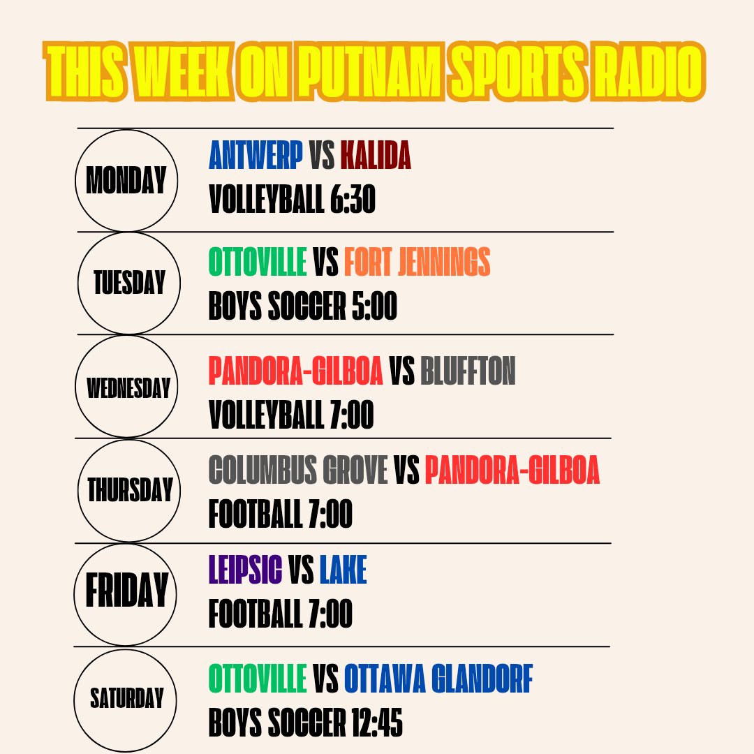A full slate this week including week one of highschool football!
🔗player.cloudradionetwork.com/putnamcosports/