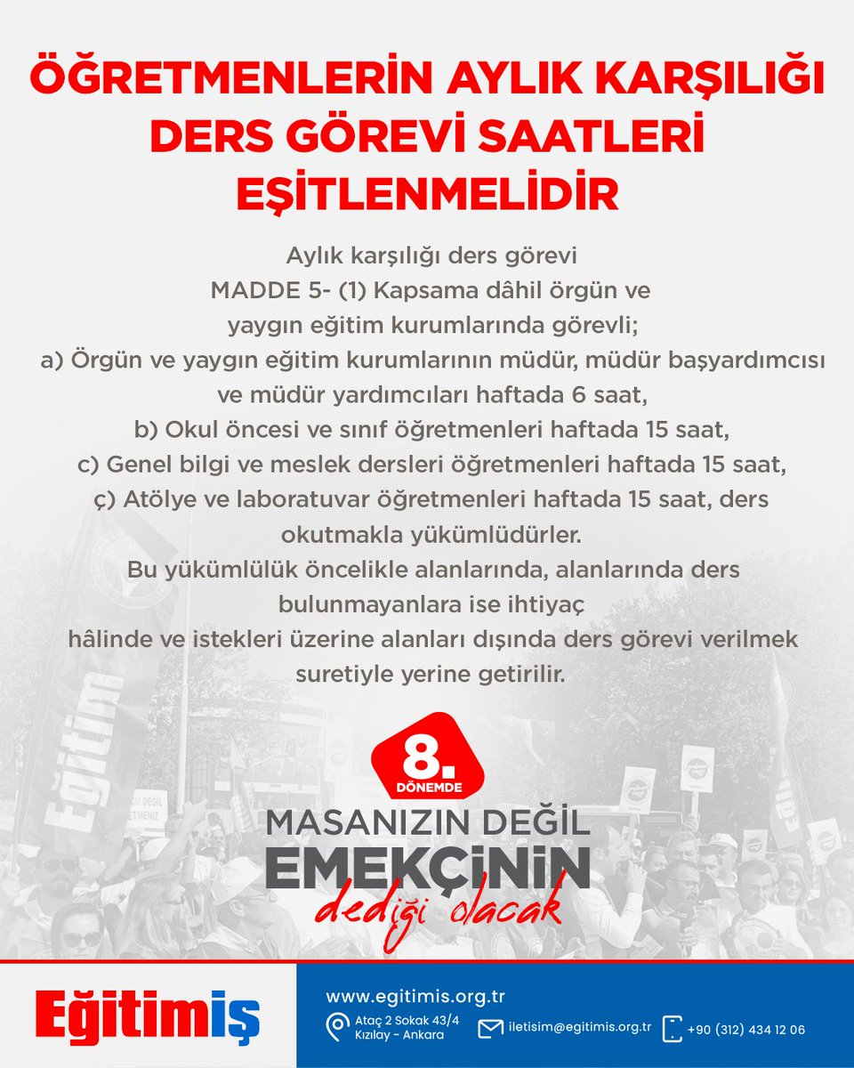 ÖĞRETMENLERİN AYLIK KARŞILIĞI DERS GÖREVİ SAATLERİ EŞİTLENMELİDİR

Aylık karşılığı ders görevi
MADDE 5- (1) Kapsama dâhil örgün ve yaygın eğitim kurumlarında görevli;
a) Örgün ve yaygın eğitim kurumlarının müdür, müdür başyardımcısı ve müdür yardımcıları haftada 6 saat,
b) Okul
