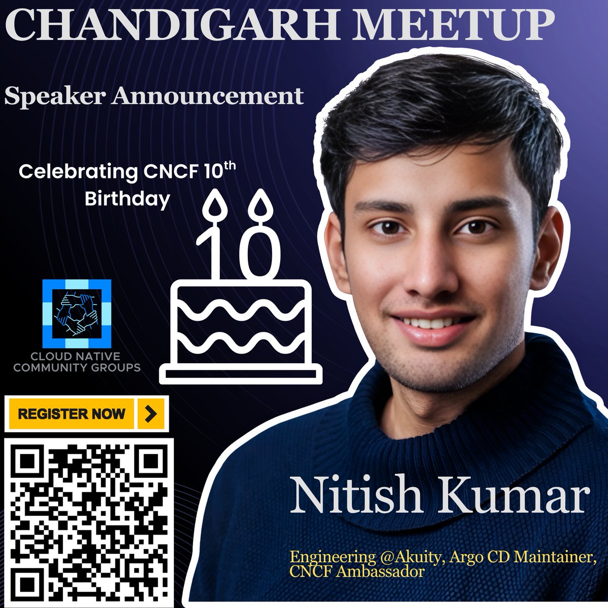 Cheers to 10 years of <a href="/CloudNativeFdn/">CNCF</a> .
And we are celebrating it too in Punjab. Register now as this time we have limited seats.
There will be food, swags, a party, a cake, and a great opportunity to network.
Meet <a href="/nitishfy/">Nitish Kumar</a>, our speaker.