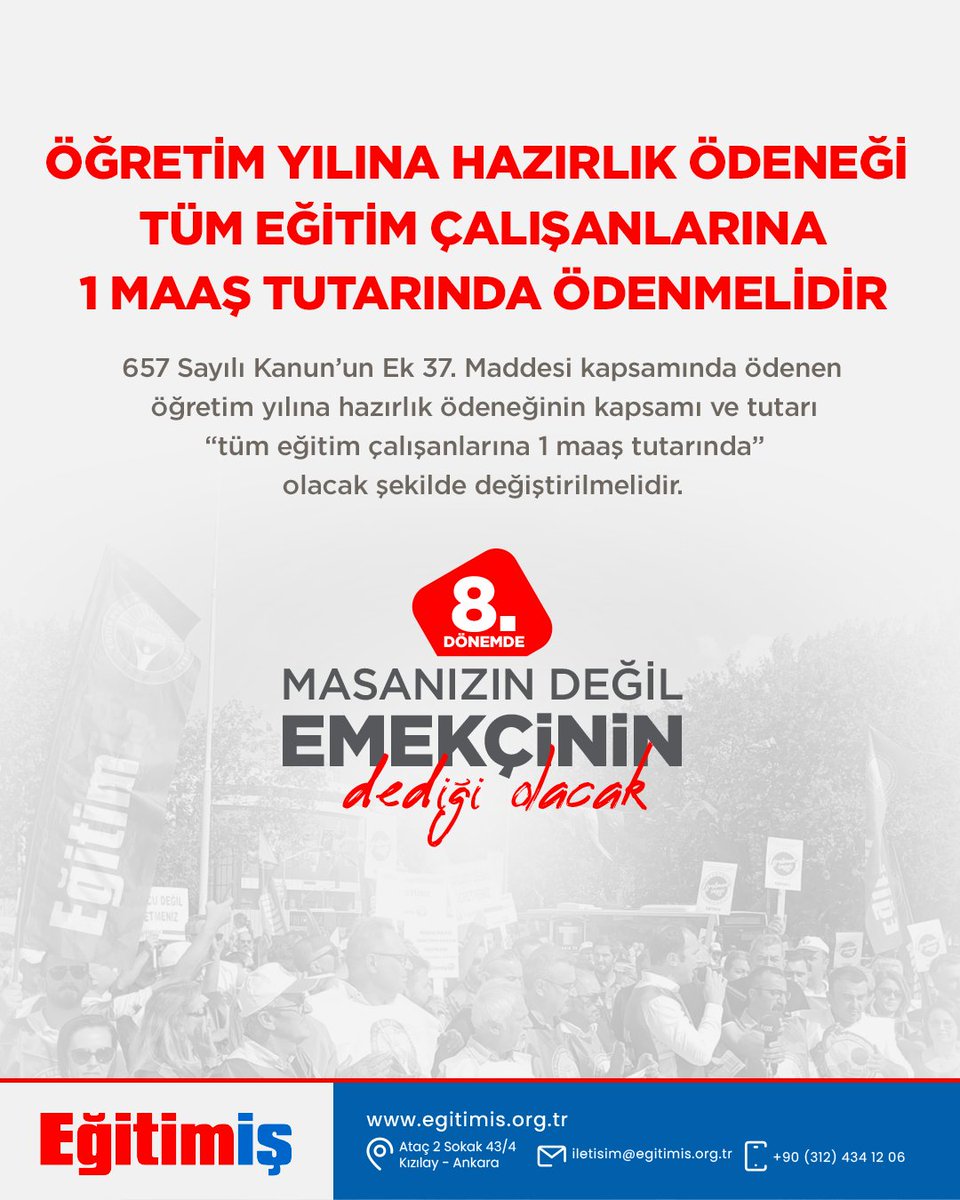 ÖĞRETİM YILINA HAZIRLIK ÖDENEĞİ TÜM EĞİTİM ÇALIŞANLARINA 1 MAAŞ TUTARINDA ÖDENMELİDİR

657 Sayılı Kanun’un Ek 37. Maddesi kapsamında ödenen öğretim yılına hazırlık ödeneğinin kapsamı ve tutarı “tüm eğitim çalışanlarına 1 maaş tutarında”olacak şekilde değiştirilmelidir.