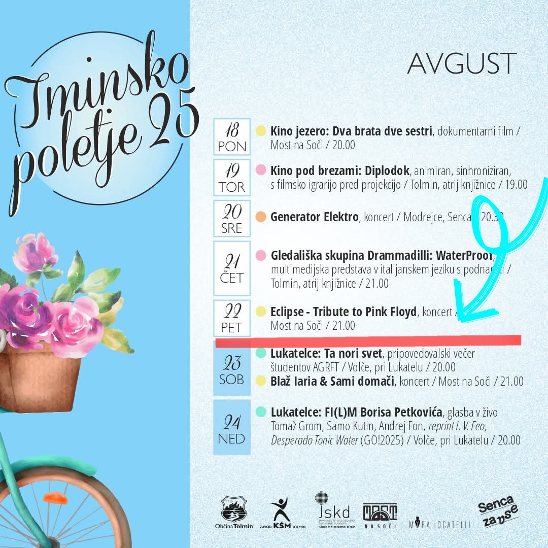 Tradicionalni #koncert zasedbe #Eclipse #TributetoPinkFloyd v petek, 22. avgusta 2025, ob 21.00 na #MostnaSoči. 🎶🎸🥰
Vstop prost!