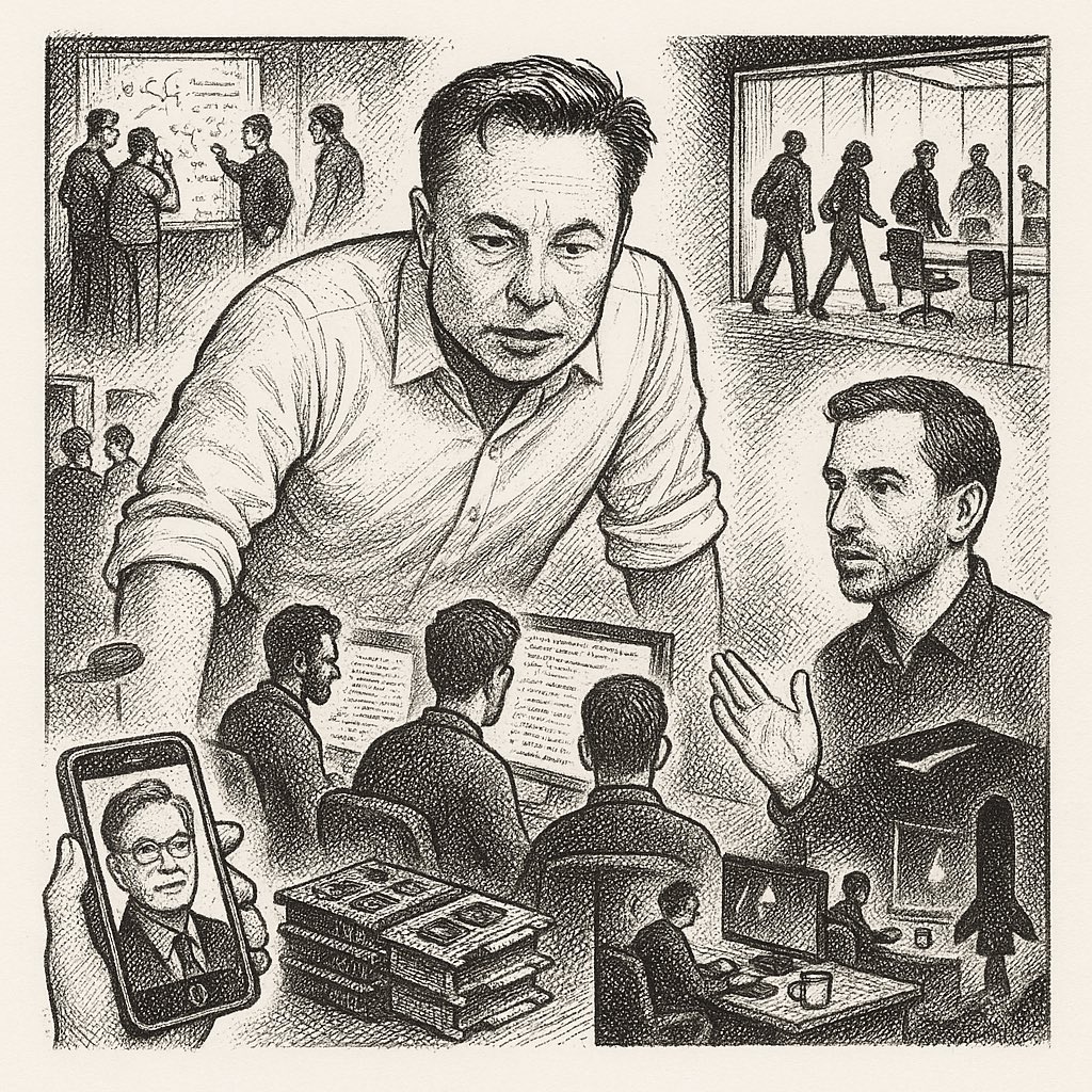 What makes <a href="/elonmusk/">Elon Musk</a> unique? 
summarizing <a href="/karpathy/">Andrej Karpathy</a> points :

Small, strong, technical teams.
No ornamental layers.
Meetings you can walk out of.
CEO-to-engineer, code as truth.
Hear a bottleneck twice? Remove it yourself.