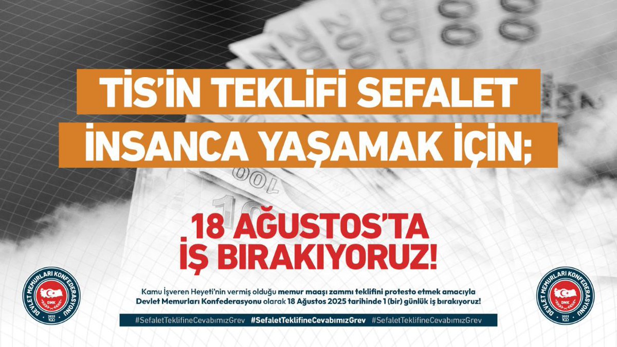 Kamu İşveren Heyeti’nin sunduğu toplu sözleşme teklifi, milyonlarca memuru ve ailelerini yok sayan bir tekliftir. Devlet Memurları Konf. olarak bu adaletsizliğe sessiz kalmıyor, 18 Ağustos 2025 tarihinde ülke genelinde bir günlük iş bırakıyoruz.

#SefaletTeklifineCevabımızGrev