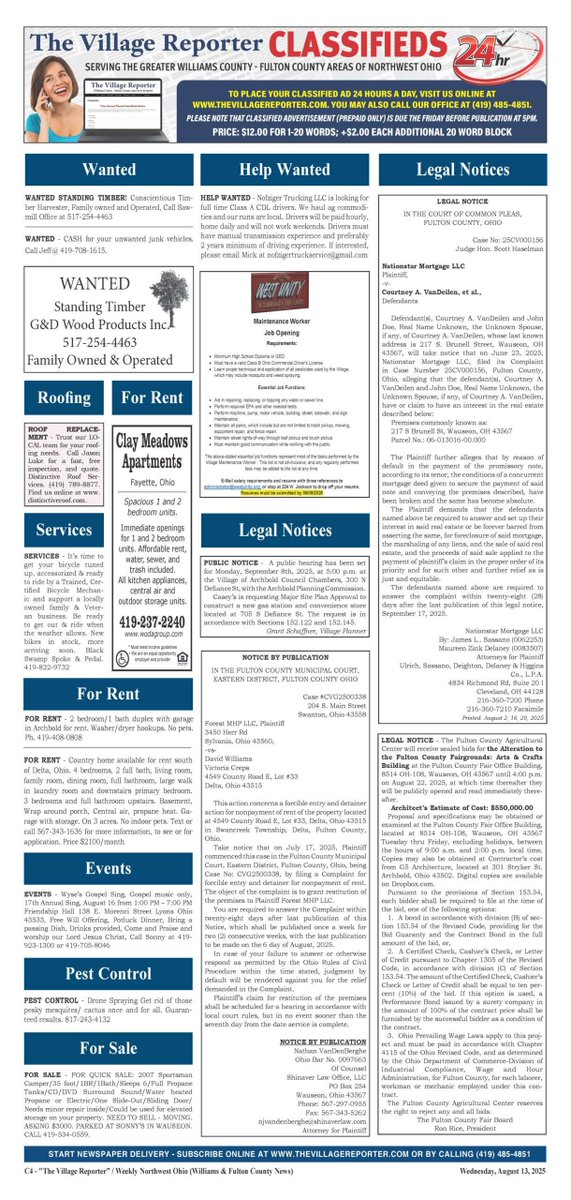 View four newspaper pages full of local classifieds online for free!  thevillagereporter.com/classifieds/