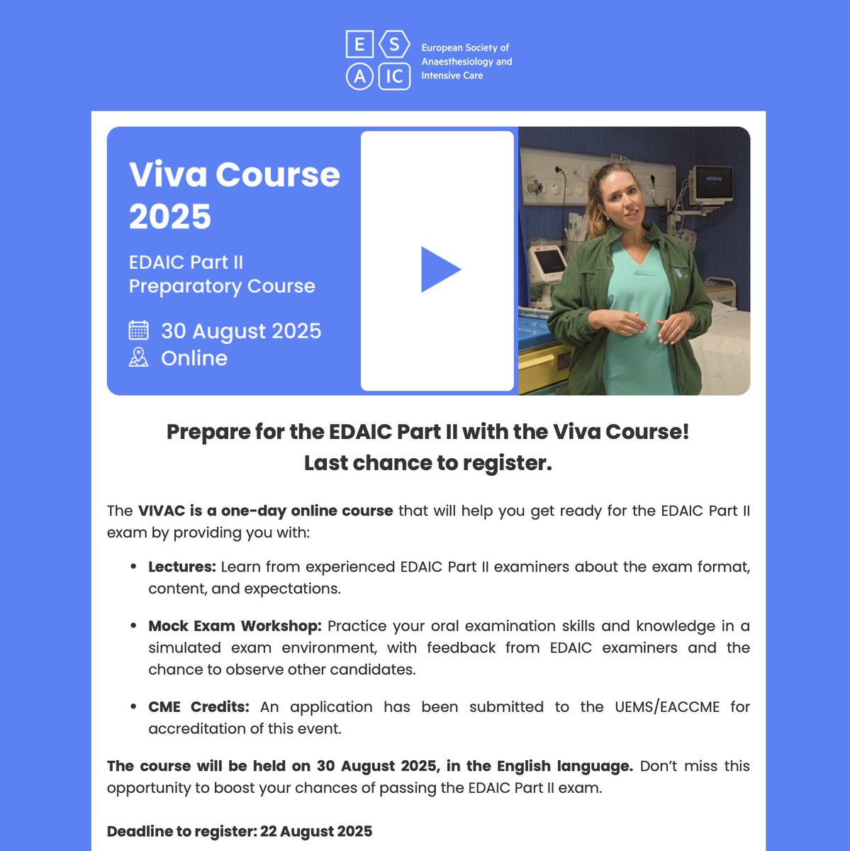 ESAICTraineeN's tweet image. 🎯 VIVAC 2025: Master EDAIC Part II ⏰ Last chance to register.  📅 Deadline: August 22, 2025

Join fellow trainees from across Europe in this final preparation session before your EDAIC Part II exam. Register now ⬇️ esaic.org/professional-g…

1/N

#VIVAC2025 #ESAIC #ESAICTN