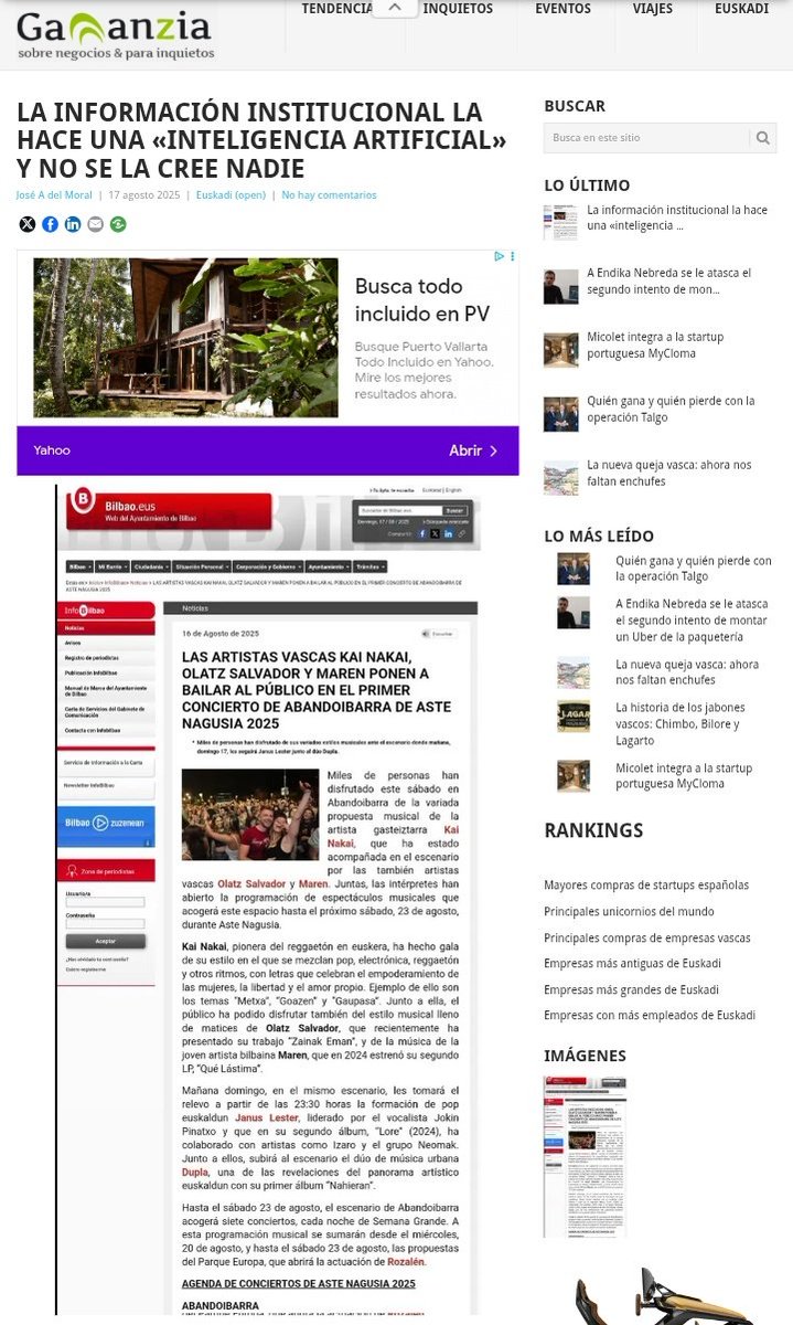 🔎 La adjudicataria del montaje del escenario de Abandoibarra sacó cero puntos en “calidad, eficacia e idoneidad” para los escenarios de Plaza Nueva y Parque Europa

🔎 El contratista fue socio del hermano de un empresario jeltzale que ha integrado listas electorales del PNV.