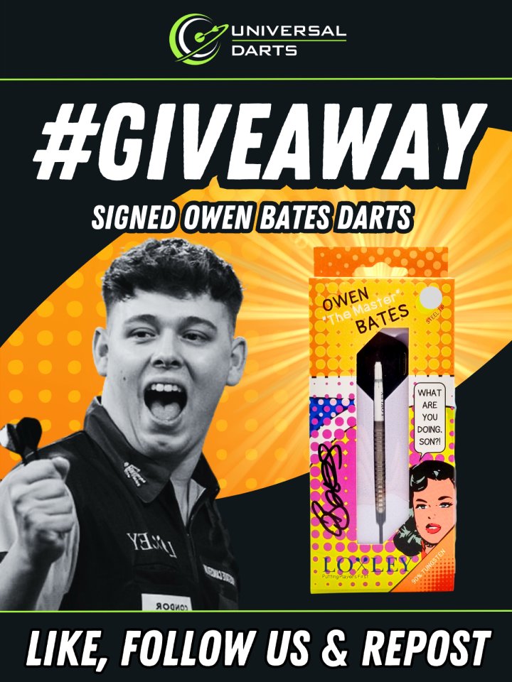🎯GIVEAWAY TIME!🎯
We’ve got something truly special for darts fans…

🔥A RARE set of 22g Owen Bates signed darts🔥

Want to win? It’s simple:
✅Follow us
✅Like + Repost this post

Winner announced 31/08/2025

Don't miss your chance to own a piece of darts history!
#darts