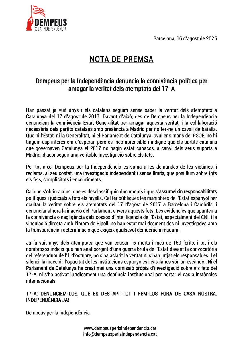 🔴🔴🔴🔴🔴🔴
🔻🔻🔻🔻🔻🔻🔻🔻
"Dempeus per la Independència denuncia la connivència política per amagar la veritat dels atemptats del 17-A."