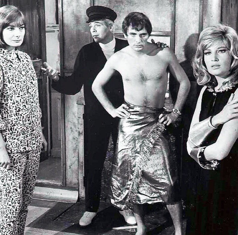 Terence Stamp, Dirk Bogarde, Rossella Falk, and Monica Vitti in Modesty Blaise (1966) Joseph Losey.