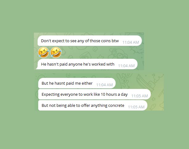 BE CAREFUL <a href="/yoka_utg/">yoka</a> and his project <a href="/vividotwin/">VIVI👒💰🥃</a> 🚨🚨🚨

He owes me $VIVI tokens and has never paid. I supported his project for weeks pre-TGE on <a href="/daosdotworld/">daos.world 🌎</a> and at the last minute he pulls out. He agreed to give me $VIVI tokens as compensation and never did.

What's even worse