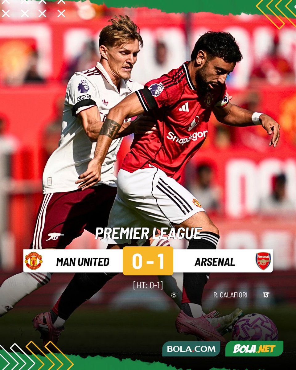 Bolanet's tweet photo. #LiveBolanet FT: Man United 0-1 Arsenal | Poss: 61%-39% | Shots on Target: 7-3 | Fouls: 10-19
Gol tunggal Calafiori bawa Arsenal pecundangi Manchester United di Old Trafford.
#Bolanet #Bolaneters #blcbm #premierleague #manchesterunited #arsenal https://t.co/AqPqVqiiQ0
