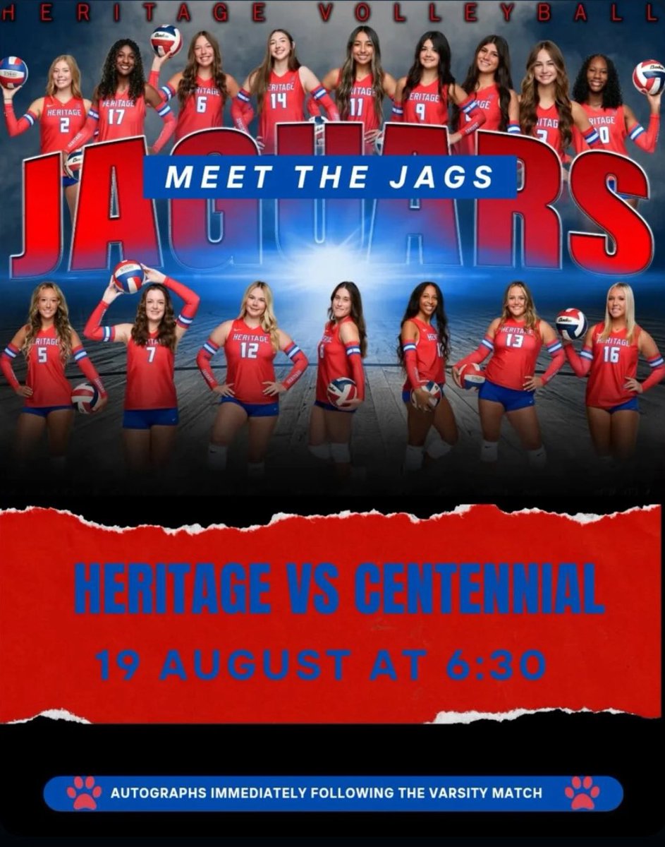 📣 TUESDAY! It’s Meet the Jags Night 🐾🏐
Come cheer on our girls as we take on Centennial HS!

🕠 Freshman &amp; JV – 5:30 PM
🕡 Varsity – 6:30 PM

✨ Stick around after the games for autographs from your Jaguar Volleyball Team. Don’t miss it! #GD2BAJ #DefyTheOdds
<a href="/MISD_Athletics/">Midlothian ISD Athletics</a>