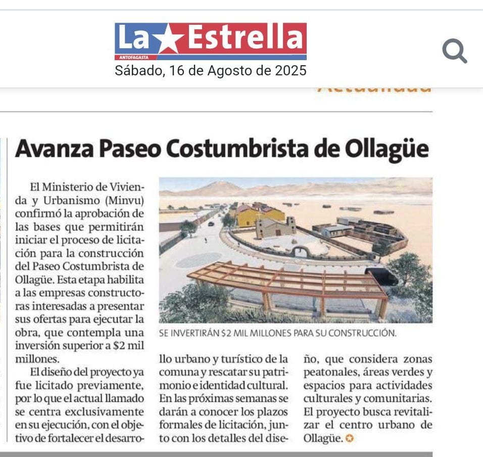 Avanza proyecto Programa <a href="/Minvu/">MINVU - Chile</a> “Pequeñas Localidades”: Paseo Costumbrista #Ollagüe. La iniciativa financiada x su Programa Espacios Públicos y recursos FNDR; iniciará pronto su etapa de ejecución👷.
La inversión, supera los $2 mil millones,relevando costumbres e identidad local.