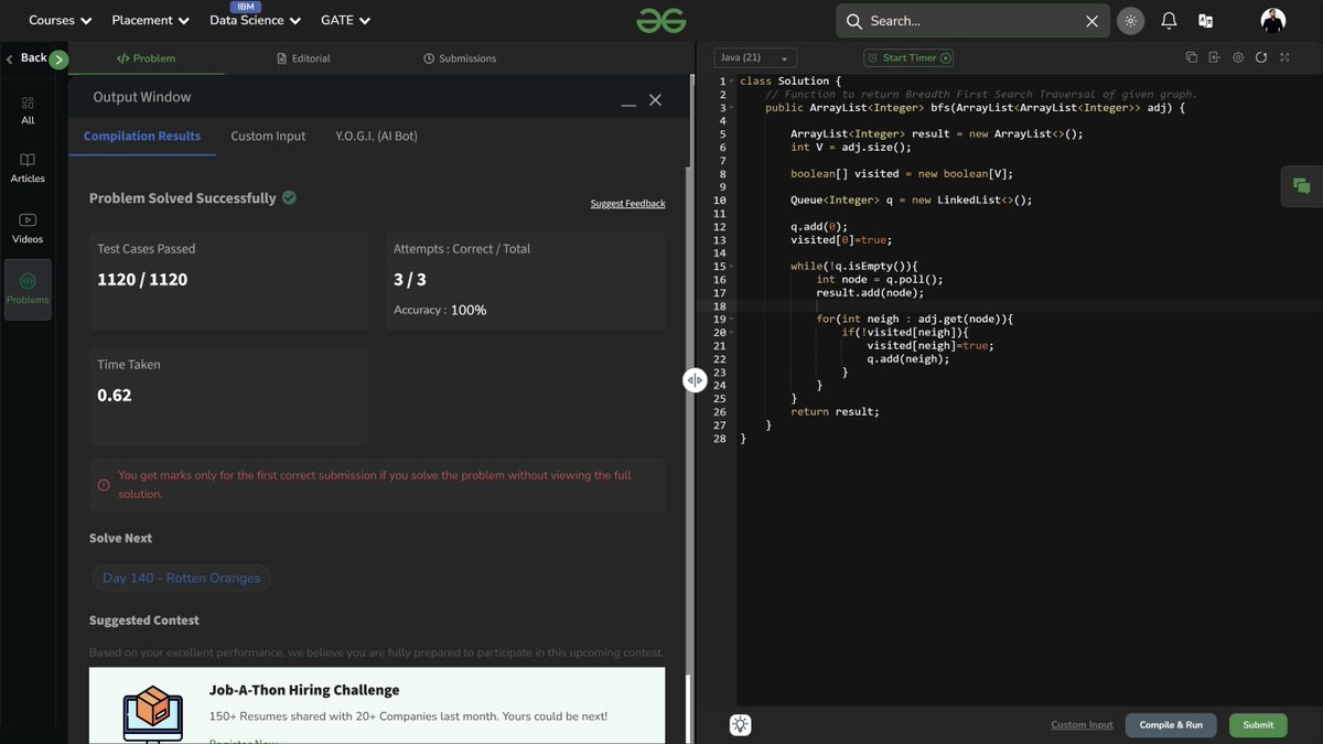 keshav_awa93041's tweet image. 🌐🔄 Day 139 – #gfg160
💡 BFS Traversal of Graph
🔎 Logic:
1️⃣ Use a queue q for level-order traversal.
2️⃣ Start from node 0, mark visited.
3️⃣ Push neighbors into queue → process until empty.
#GraphTraversal #BFS #gfgpractice #DailyDSA #geekstreak2025 #160DaysOfCode