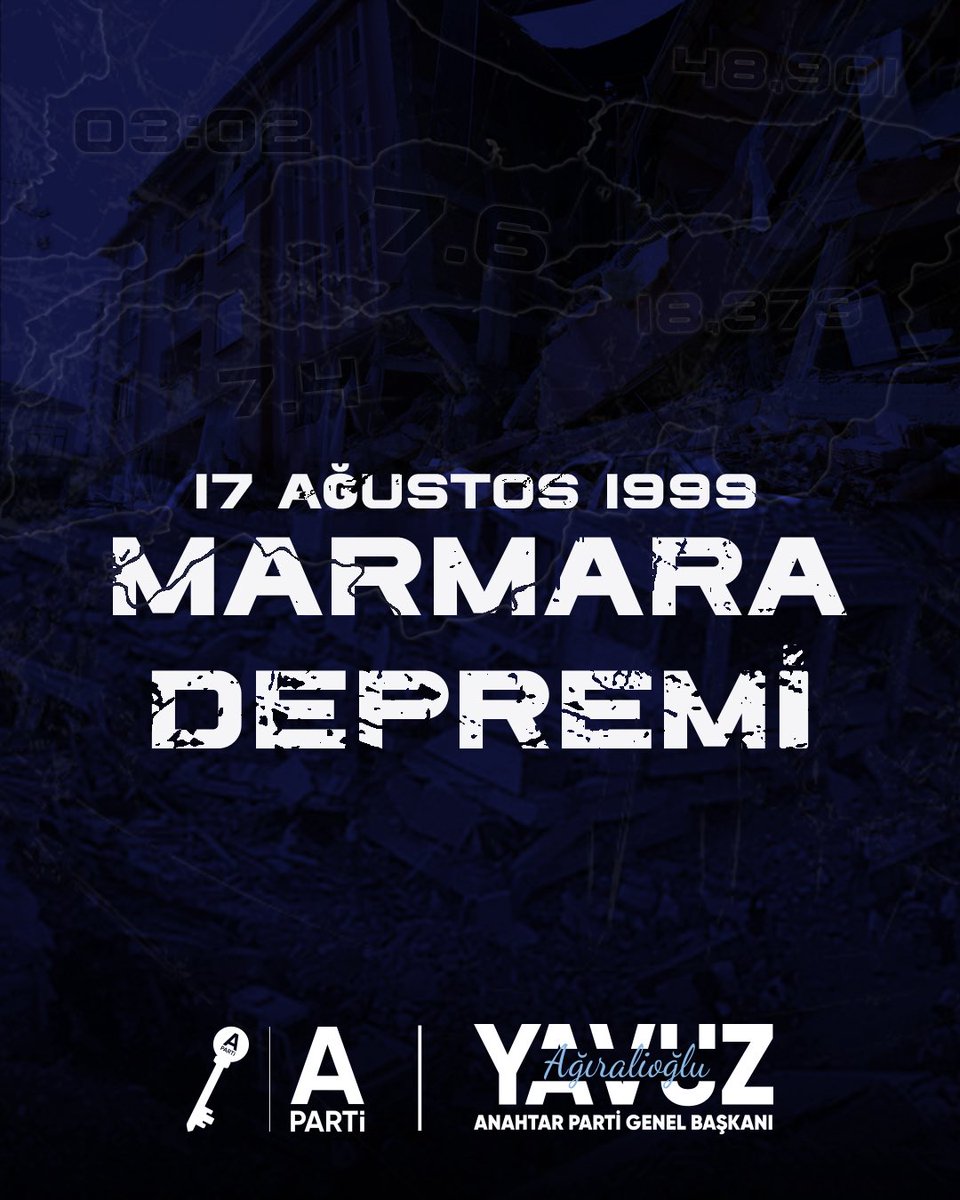 17 Ağustos 1999 Marmara Depremi'nde hayatını kaybeden vatandaşlarımıza Allah'tan rahmet diliyorum. Allah, milletimize bir daha böyle acılar yaşatmasın.

Deprem, coğrafyamızın acı gerçeğidir. Hep diyoruz. Bu acıları tekrar yaşamamak için tedbirlerimizi de şimdiden almak