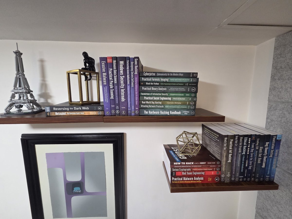 axelpardemann's tweet image. After Black Hat and DEF CON this year, my artsy cybersecurity book collection by @nostarch has grown considerably. Thanks to @spaceraccoonsec, @ajpc500, @thequeenofelf, @CaseyLErdmann, @d4rksystem and @matterpreter for signing my books!