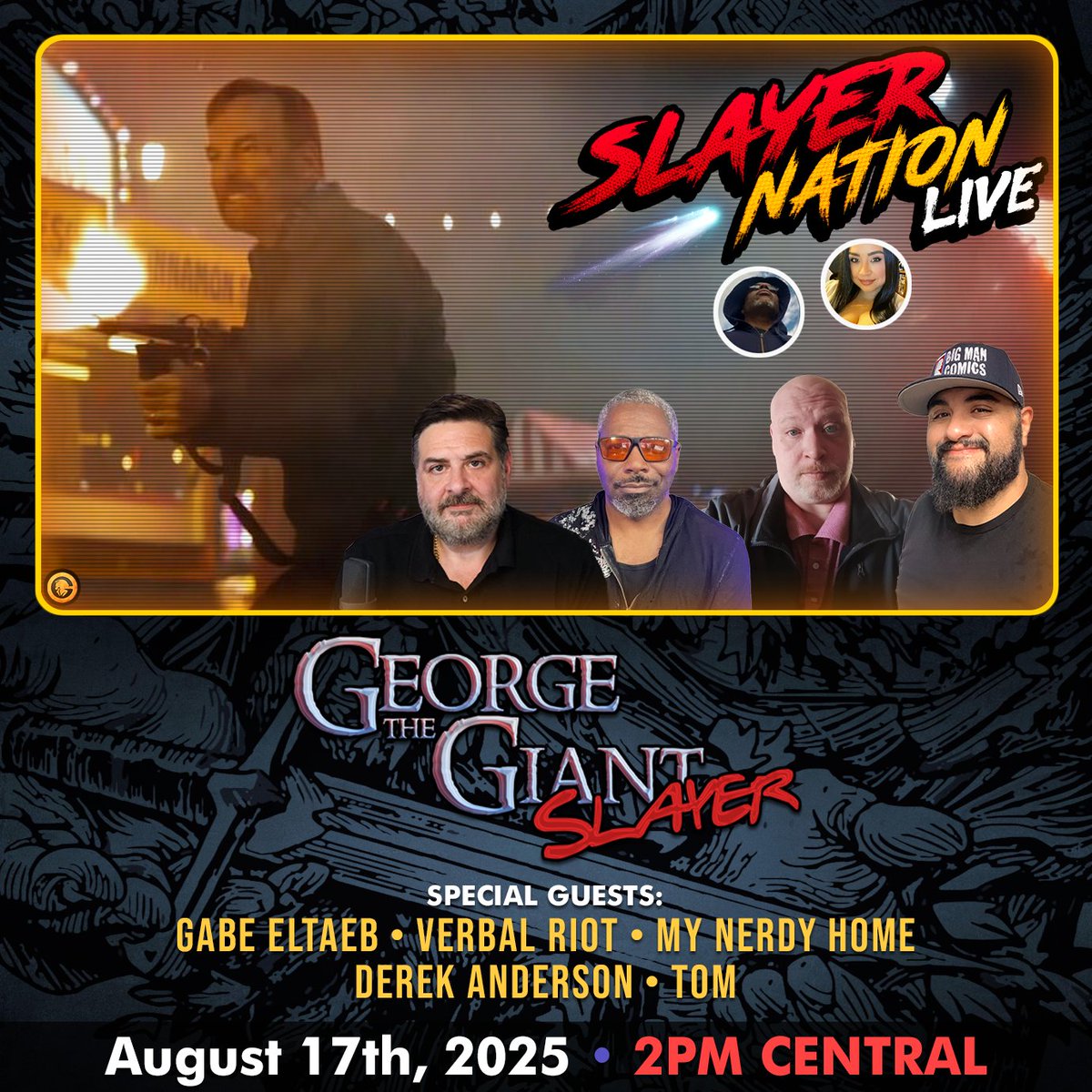 GeorgeTheGiantSlayer (@georgemolho) on Twitter photo π₯Slayer Nation LIVE | 2PM CTπ₯
Join us today for the latest from Hollywood to DC and all across America. Always Forward!
<a href="/MikeCanulSJ/">Mexican Ironman ποΈ</a> <a href="/TArchcast/">The ArchCast</a> <a href="/Bigmancomics/">Gabe Eltaeb Big Man Comics</a> <a href="/verbalriotshow/">Verbal Riot</a> <a href="/mynerdyhome/">Steph Anie</a> <a href="/ThomasConnorsJr/">MEAD The 4KπΏ Master (Tom Connors)</a> <a href="/derekbwriting/">Derek Anderson-The D.A.</a>
youtube.com/live/RFB3B707xβ¦ π₯Slayer Nation LIVE | 2PM CTπ₯
Join us today for the latest from Hollywood to DC and all across America. Always Forward!
<a href="/MikeCanulSJ/">Mexican Ironman ποΈ</a> <a href="/TArchcast/">The ArchCast</a> <a href="/Bigmancomics/">Gabe Eltaeb Big Man Comics</a> <a href="/verbalriotshow/">Verbal Riot</a> <a href="/mynerdyhome/">Steph Anie</a> <a href="/ThomasConnorsJr/">MEAD The 4KπΏ Master (Tom Connors)</a> <a href="/derekbwriting/">Derek Anderson-The D.A.</a>
youtube.com/live/RFB3B707xβ¦