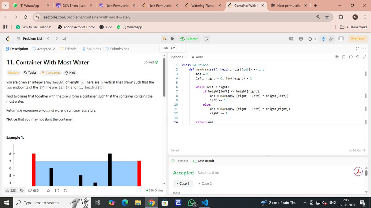 d_isha2003's tweet image. Day24 of #30DaysOfCode 🚀
Solved "Container With Most Water" on LeetCode today!
Applied the two-pointer approach to optimize the solution from O(n²) ➝ O(n).
Step by step, staying consistent and building stronger problem-solving skills 💪
#LeetCode #CodingJourney #DSA #Problem