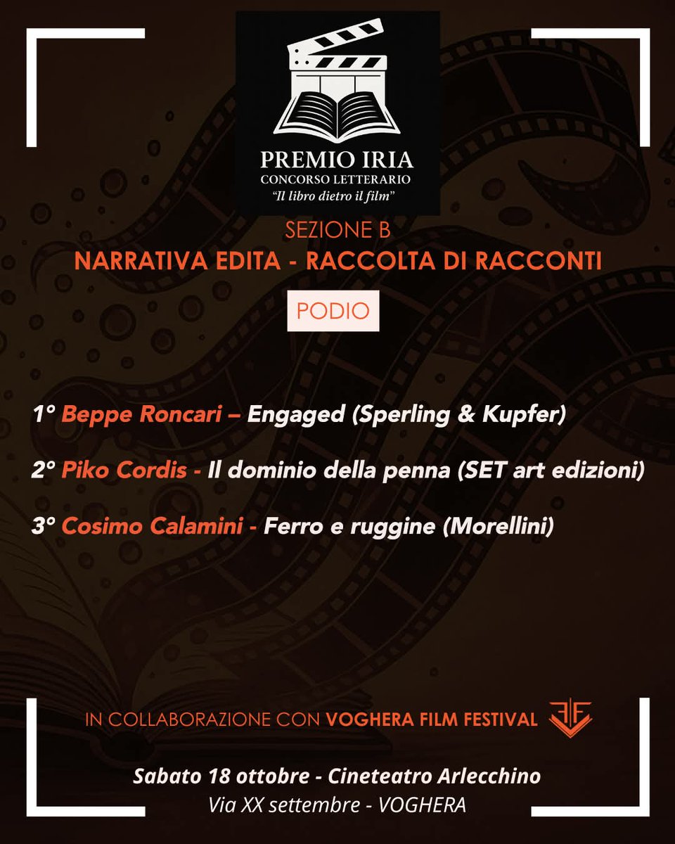 BeppeRoncari's tweet photo. 🏆 PRIMO POSTO PER "ENGAGED"! 

In tanti leggendo la mia dilogia fantasy storica avete detto che sembrava già un film... 

Questo mi aveva spinto a partecipare al "Premio Iria – Il Libro dietro il Film", novella costola letteraria del Voghera Film Festival. 🥰 https://t.co/fFxZQrFSVD