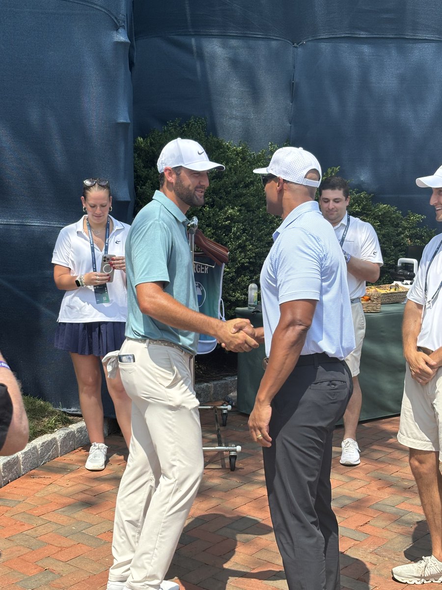 Maryland Gov. Wes Moore greets World No. 1 Scottie Scheffler before he tees off for the final round of the BMW Championship at Caves Valley. “You have a beautiful state,” Scheffler says.