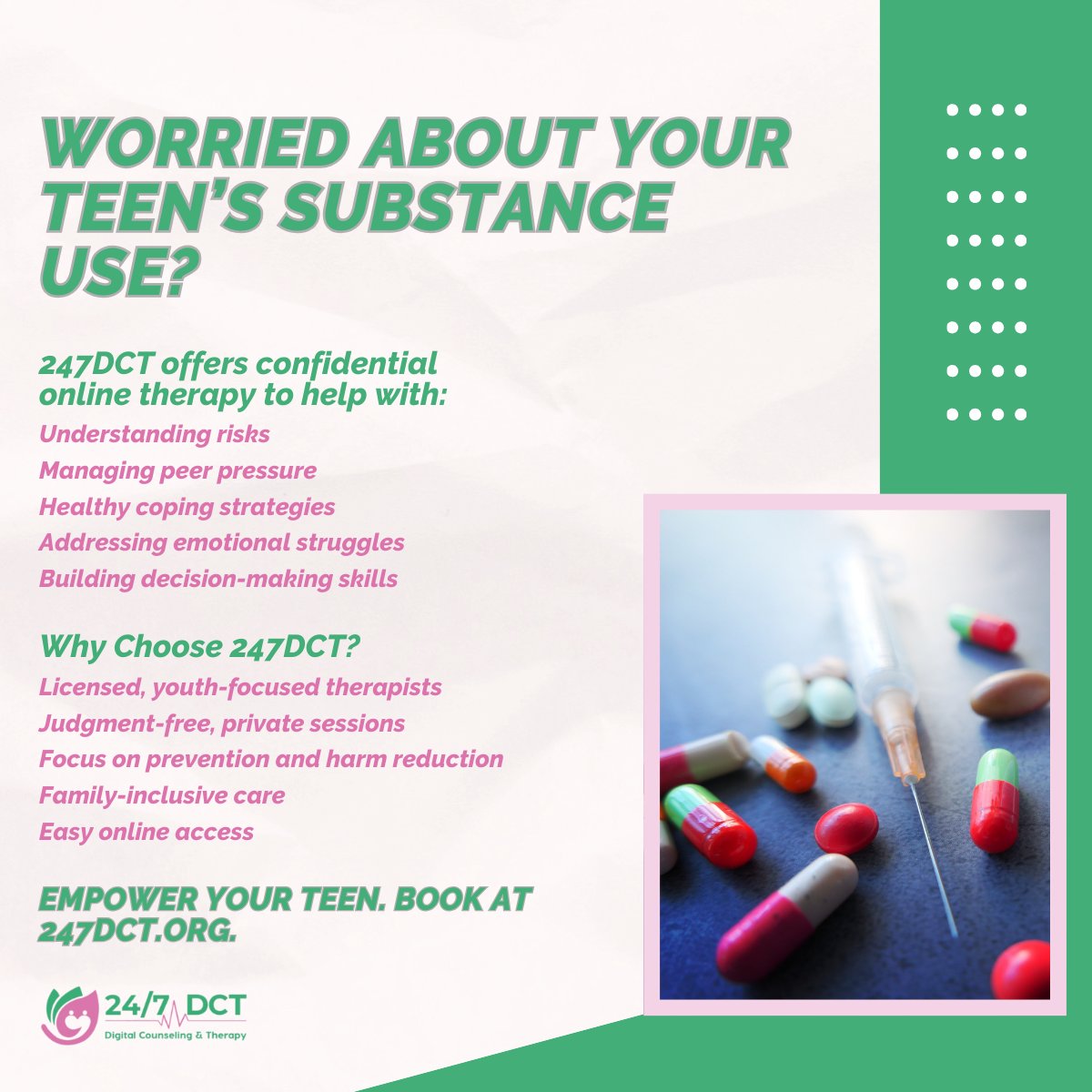 247DCT's tweet image. Concerned about your teen’s substance use?

24/7 - DCT offers private, online therapy designed to support teens with healthy coping, decision-making, and emotional growth.
#247DCT #TeenMentalHealth #SubstanceUseSupport #OnlineTherapy #YouthWellness #FamilyCare #PreventionMatters
