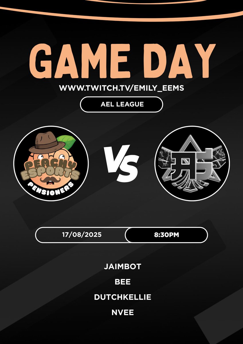 🚨GAME DAY

Peachy Pensioners Vs Ascension 
🔴 <a href="/AMeLeague/">AEL - Amateur Esports League</a> 
🕑 8:30PM GMT
📽️ twitch.tv/emily_eems

🍑 <a href="/jaimbot3/">Jaimbot</a>
🍑 <a href="/sumBee_/">sumbee</a> 
🍑 <a href="/DutchKellie/">Kelly</a>
🍑 <a href="/TeejEnvy/">TJ</a>