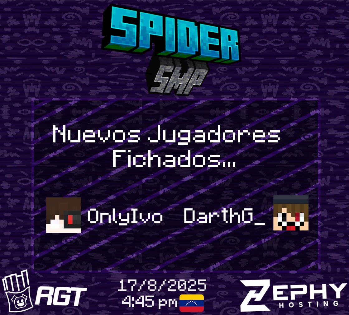Retr0GameTe4m's tweet photo. ¡¡Extra Extra!! 🗞️
Dos nuevos jugadores se unen a esta FASE 1 del #SpiderSMP 🕷️🕸️
¡Bienvenidos @only_ivo y @Darthg19! https://t.co/SOdix1c3At