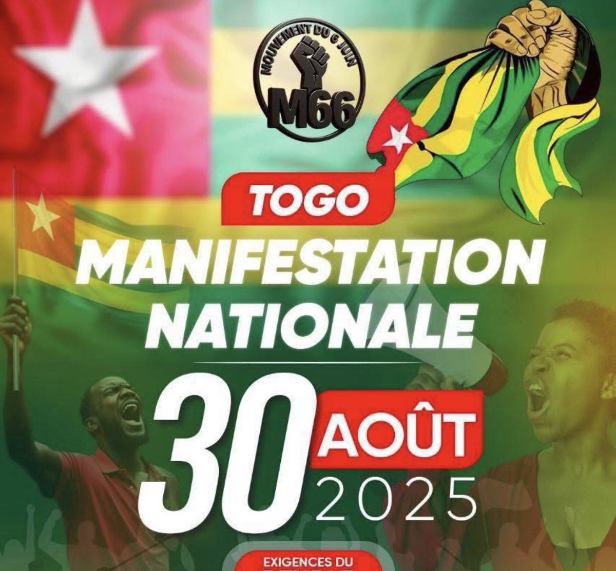 m66togo's tweet photo. Le 30 AOÛT 2025
📍 Déjà confirmées : 
TOGO 🇹🇬 | PARIS 🇫🇷 | STUTTGART 🇩🇪
👉🏾 Togolais du monde entier, envoyez vos affiches !

Le peuple uni ne sera jamais vaincu. 💪🏾

#TogoDebout #30AoûtLevéVous #DictatureFaure #TogoLiberté
#FaureDégage #StopDictature #Diasporatg #FreeTogo https://t.co/IM0WeIX4ky