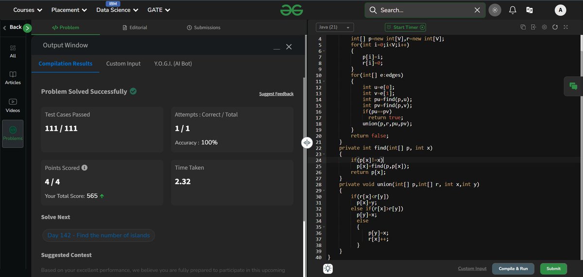 arup_jy's tweet photo. 🚀 Day 141 of #100DaysOfCode with #GFG
Solved: Detect cycle in an undirected graph 🔄
📝 Used Union-Find (DSU) → if two vertices of an edge already share the same parent, a cycle exists. Otherwise, keep uniting sets.
#Java #DSA #CodingChallenge #gfg160 #geekstreak2025 https://t.co/q0IIccYdPz