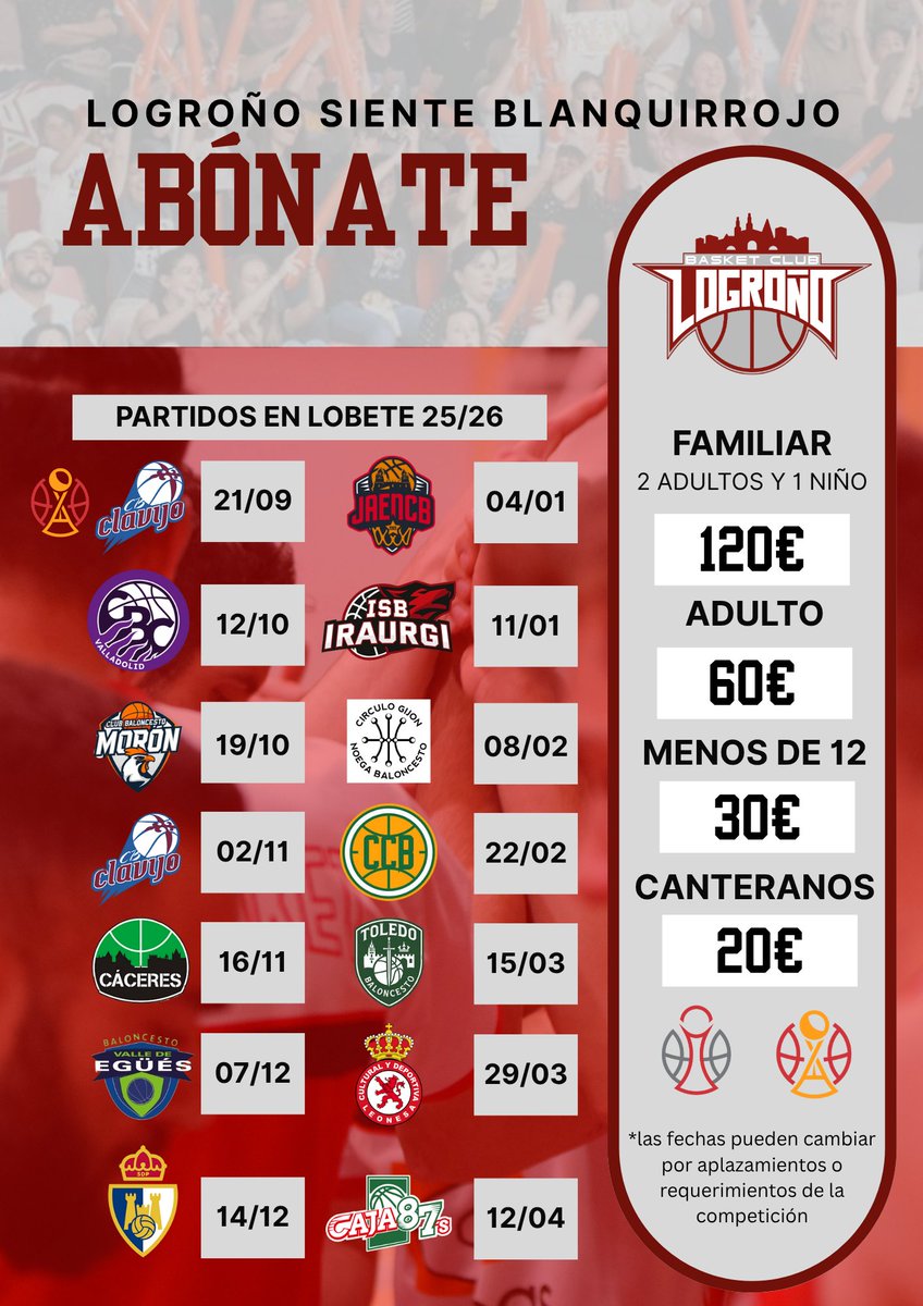 LogroBasket Club (@logrobasketclub) on Twitter photo ¿Todavía no formas parte de la familia blanquirroja? Sécate las manos después de ese último baño y entra en el enlace para hacerte abonado.
✍️👇
docs.google.com/forms/d/1ZTNVW…
No hay mejor forma de cerrar el fin de semana que asegurándote 14 partidos del mejor basket. ¿Todavía no formas parte de la familia blanquirroja? Sécate las manos después de ese último baño y entra en el enlace para hacerte abonado.
✍️👇
docs.google.com/forms/d/1ZTNVW…
No hay mejor forma de cerrar el fin de semana que asegurándote 14 partidos del mejor basket.