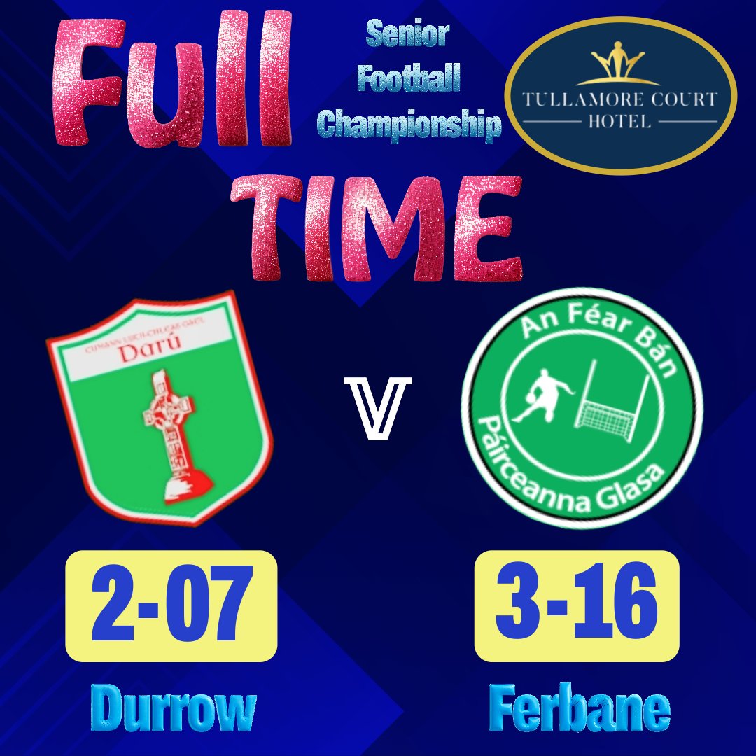 Full-time in Clara

<a href="/DurrowGAA/">Durrow GAA</a> v <a href="/ferbanegaa/">Ferbane GAA</a>

Impressive win by Ferbane as Kevin McDermott's last kick of the game goal makes the scoreline for Durrow look a small bit better.