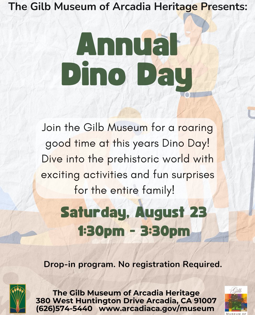 GilbMuseum's tweet photo. Join us on Saturday, August 23 from 1:30 to 3:30 for our annual #DinoDay!

This event is hosted at the Gilb Museum of Arcadia Heritage in collaboration with the Alf Museum of Paleontology. https://t.co/4mOX9Nj7CR