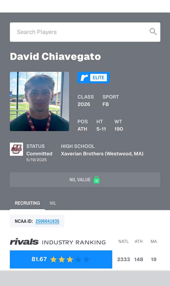 David Chiavegato (@davechiavegato3) on Twitter photo #AGTG I am blessed to have been ranked a 3 ⭐️ by <a href="/On3sports/">On3</a> and <a href="/Rivals/">Rivals</a>
<a href="/XBHS_Football/">Xaverian Football</a> <a href="/BrianDohn247/">BrianDohn247</a> <a href="/FightMA247/">Fight Massachusetts</a> #AGTG I am blessed to have been ranked a 3 ⭐️ by <a href="/On3sports/">On3</a> and <a href="/Rivals/">Rivals</a>
<a href="/XBHS_Football/">Xaverian Football</a> <a href="/BrianDohn247/">BrianDohn247</a> <a href="/FightMA247/">Fight Massachusetts</a>