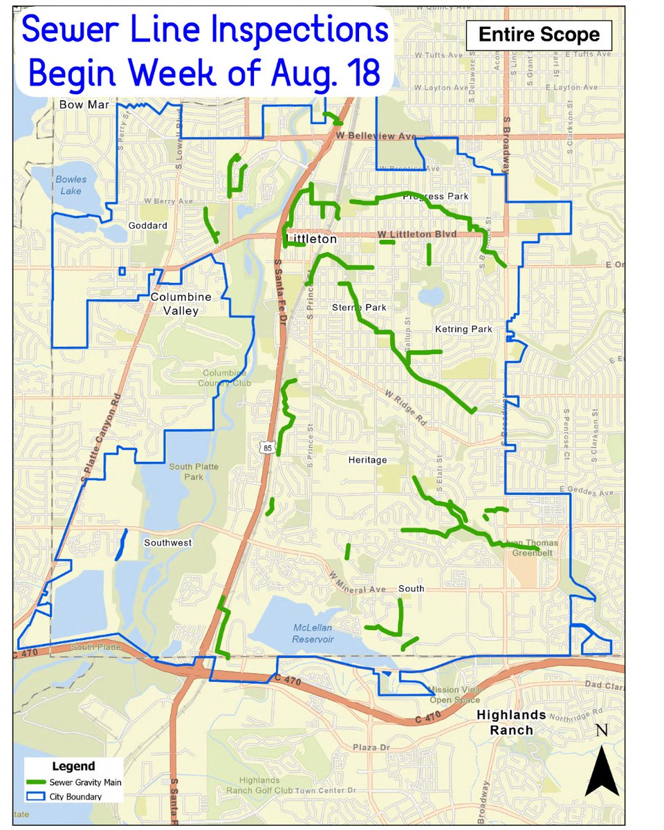Crews will begin a project to inspect 60,000 feet of Littleton's sanitary sewer lines the week of August 18. Road and lane closures will not be required for this work, although inspection vehicles will be parked on local streets. This project is expected to be complete this fall.